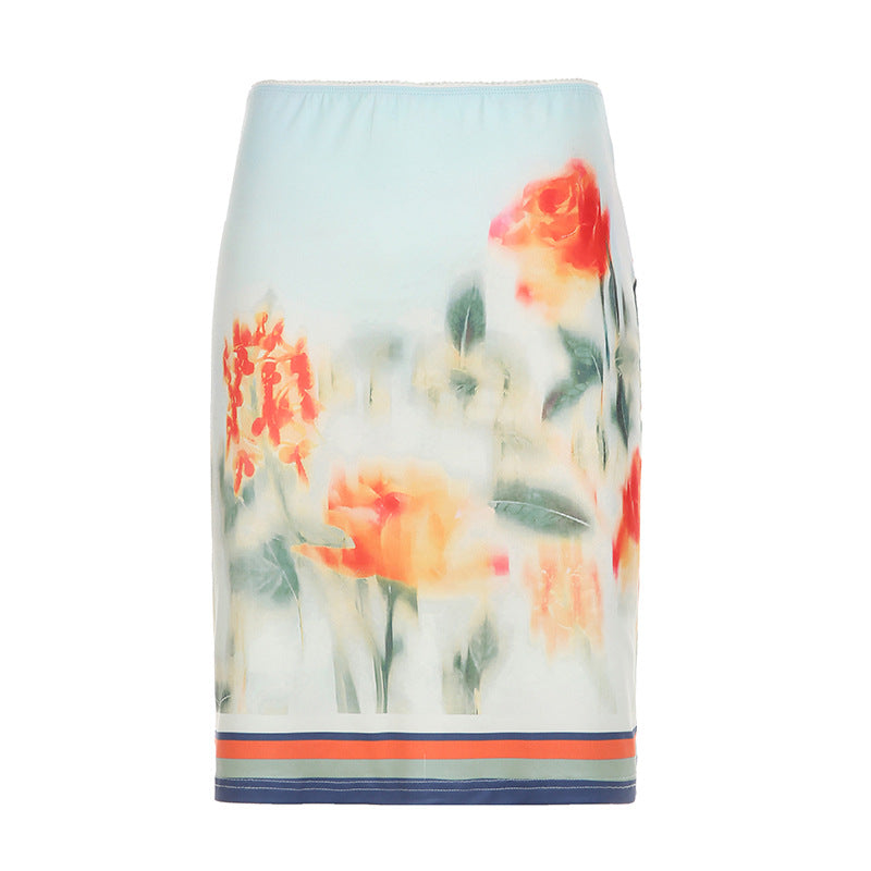 Vacation Skirt Two Piece Retro Sunset Tie Dye Printed Tube Top Dress Sling Mid Length Skirt Set