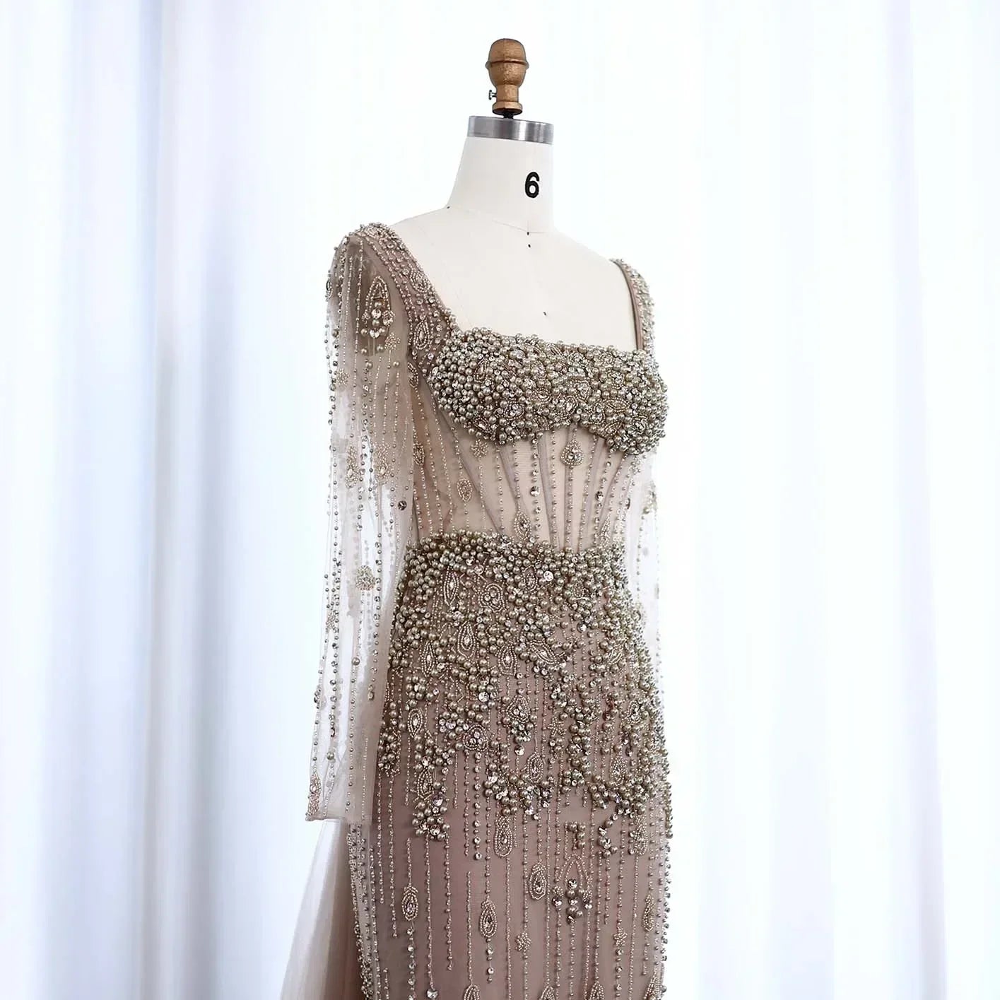 Caramel Mermaid Evening Dress with Overskirt Sleeves