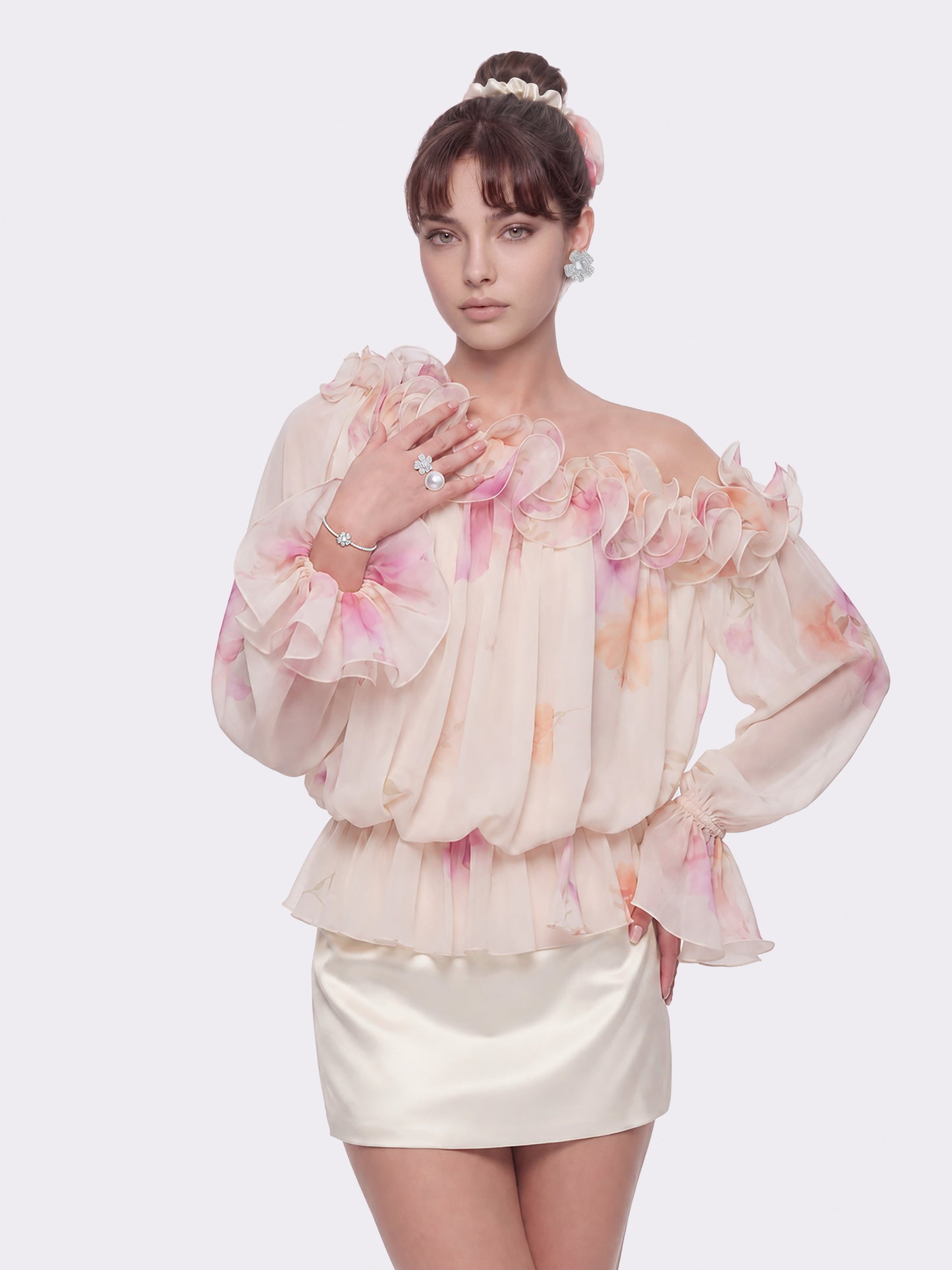 Summer Ruffle Floral Cream Blouse