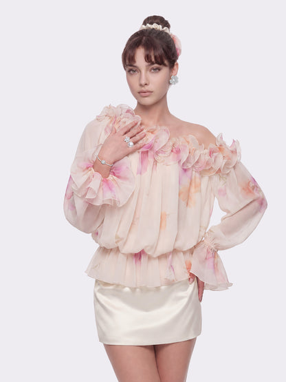Summer Ruffle Floral Cream Blouse