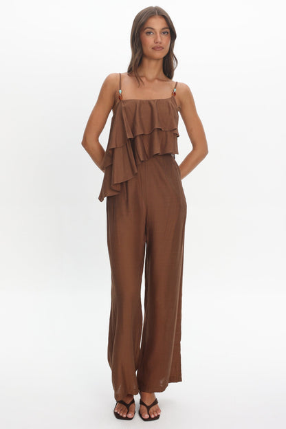 Darylyn Asymmetric Ruffle Jumpsuit Chocolate