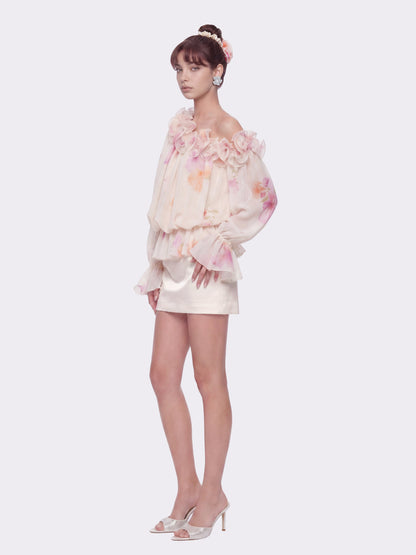 Summer Ruffle Floral Cream Blouse