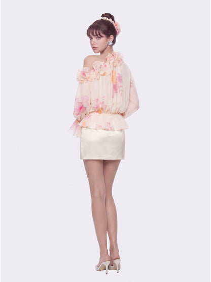 Summer Ruffle Floral Cream Blouse