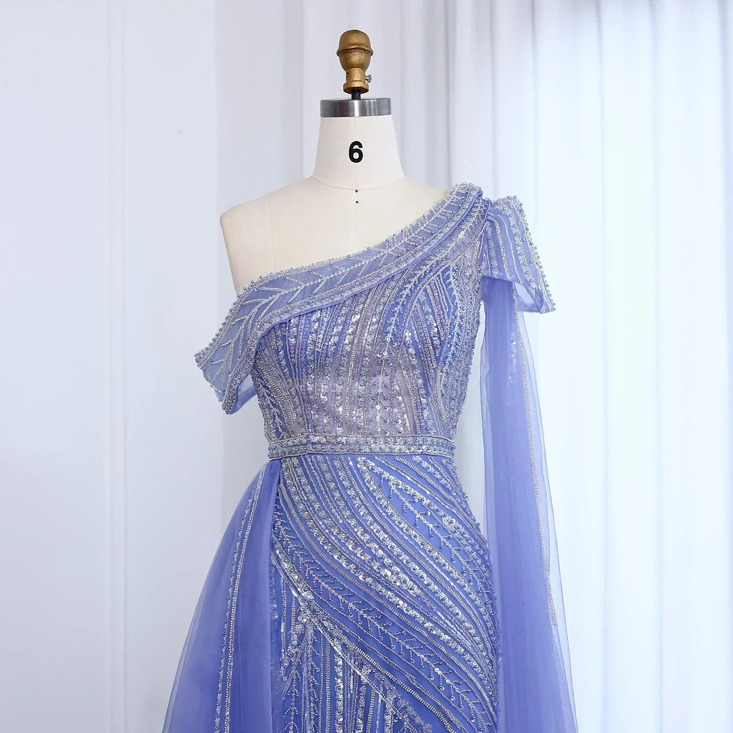 One-Shoulder Cape Sleeves Overskirt Party Gown
