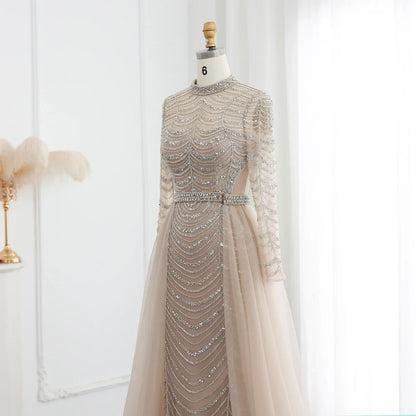 Champagne Mermaid Long Sleeves Dress with Overskirt