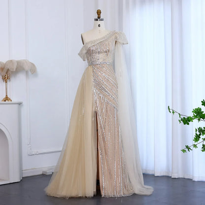 One-Shoulder Cape Sleeves Overskirt Party Gown