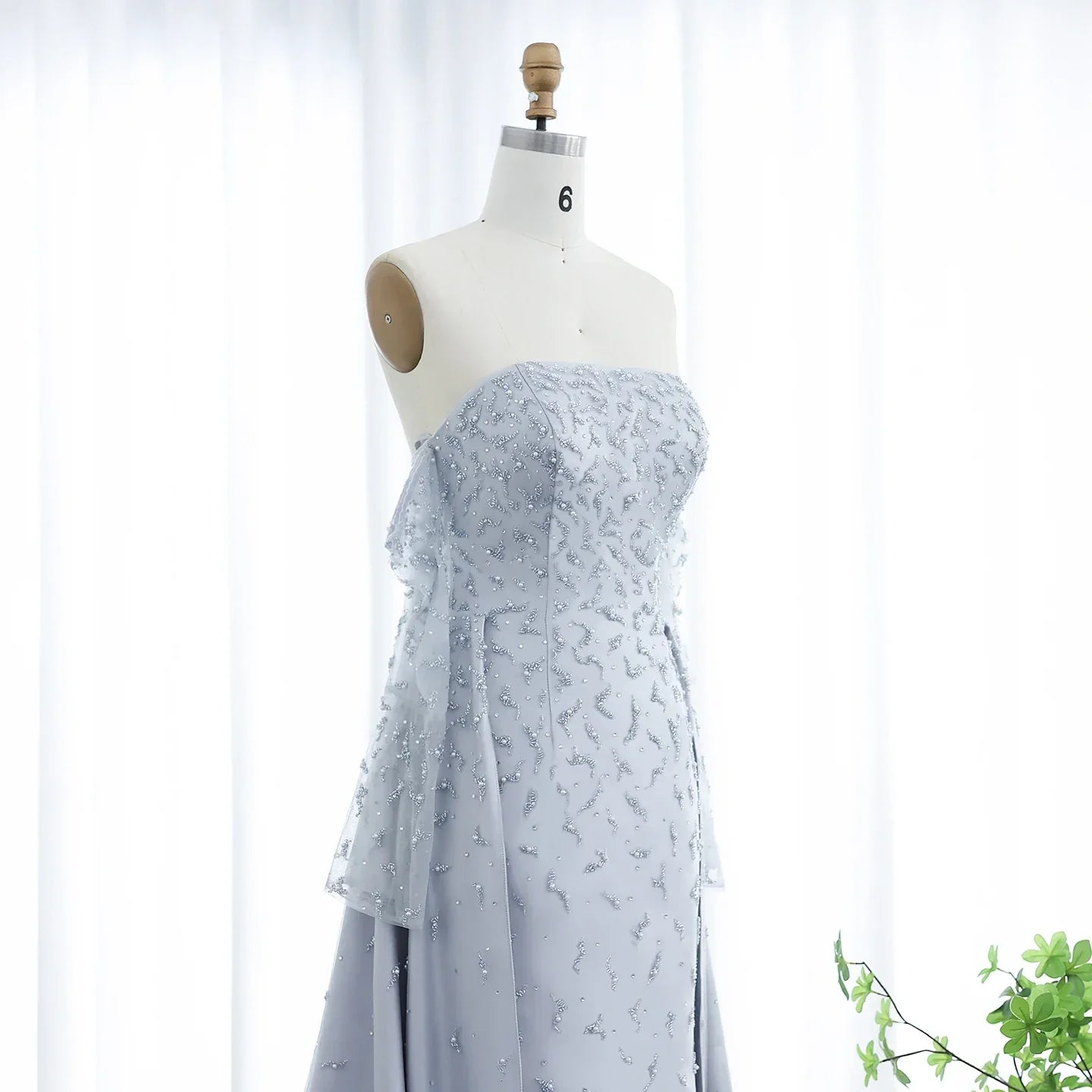 Silver Gray Evening Dress with Overskirt