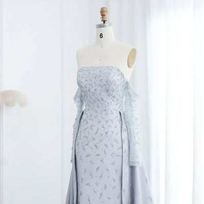 Silver Gray Evening Dress with Overskirt