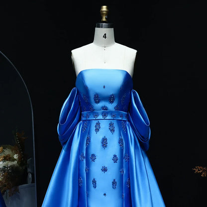 Satin Blue Detachable Overskirt Cape Sleeve Party Gown