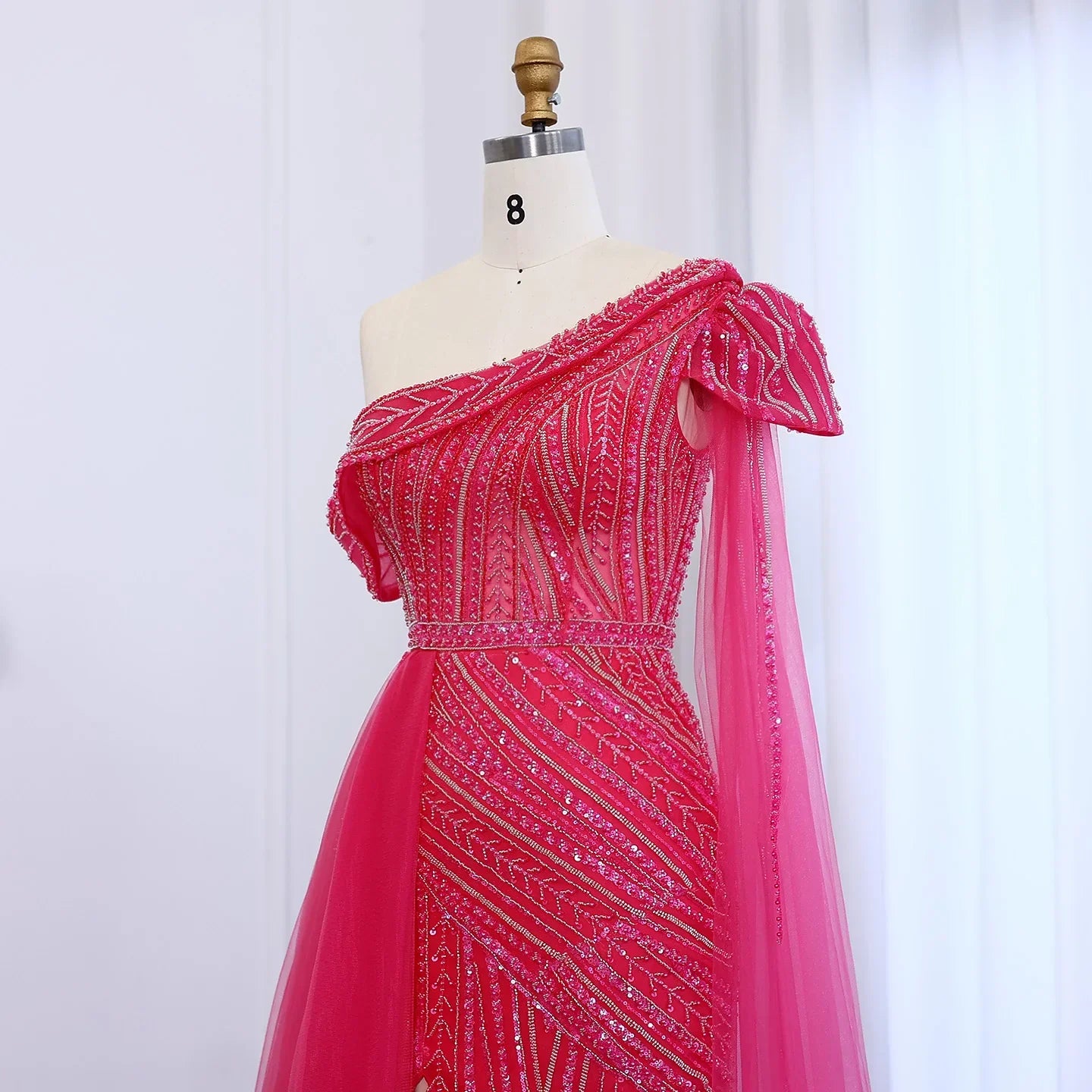 One-Shoulder Cape Sleeves Overskirt Party Gown