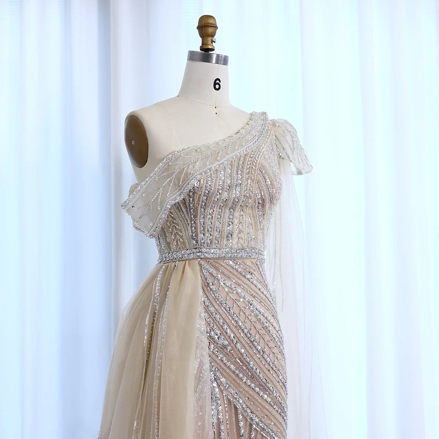 One-Shoulder Cape Sleeves Overskirt Party Gown
