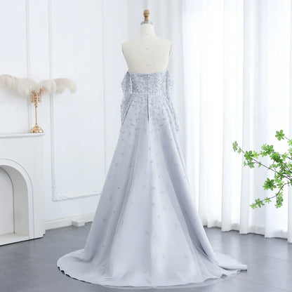 Silver Gray Evening Dress with Overskirt
