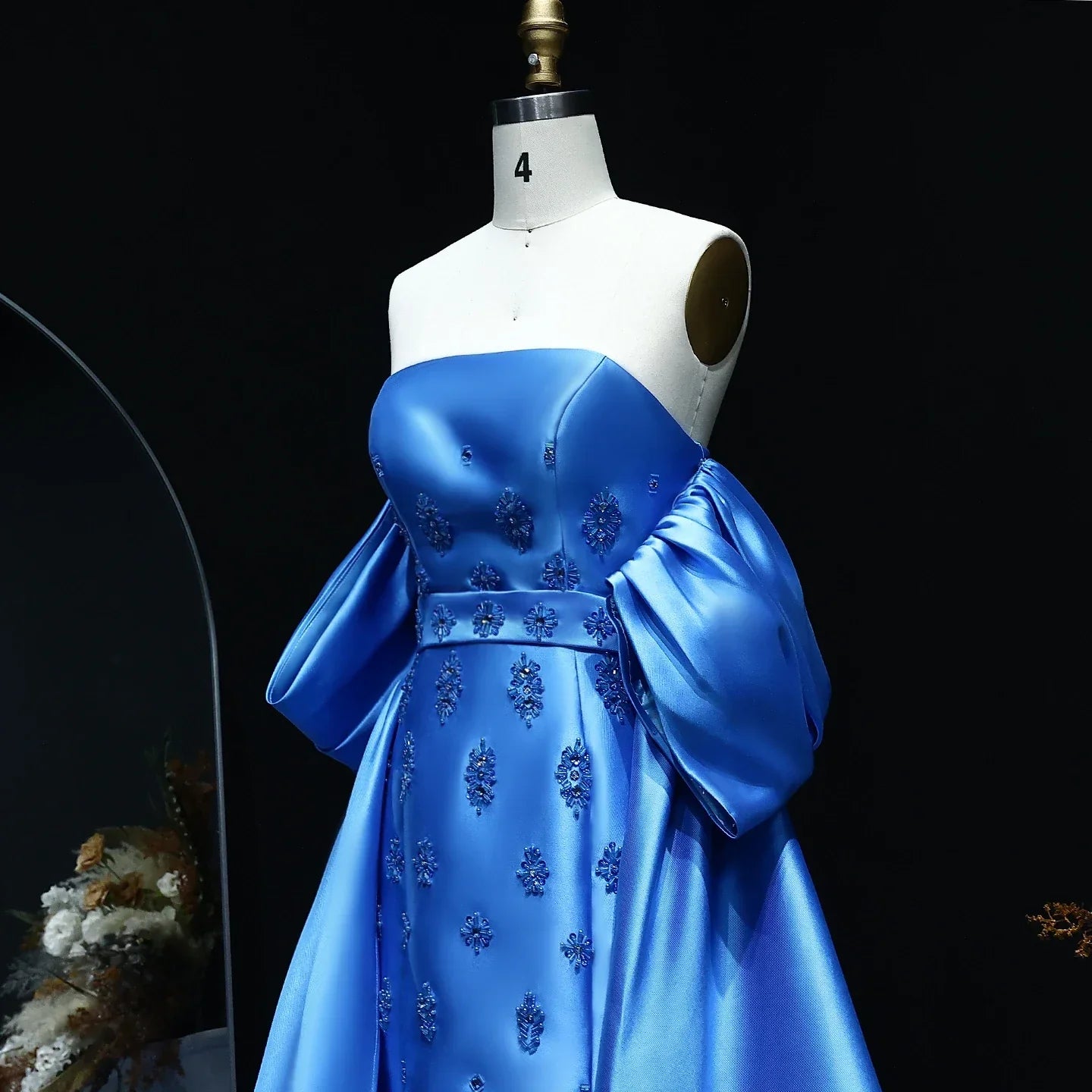Satin Blue Detachable Overskirt Cape Sleeve Party Gown