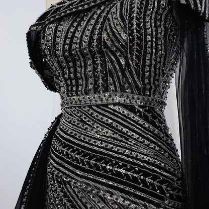 One-Shoulder Cape Sleeves Overskirt Party Gown