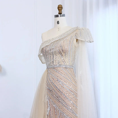 One-Shoulder Cape Sleeves Overskirt Party Gown