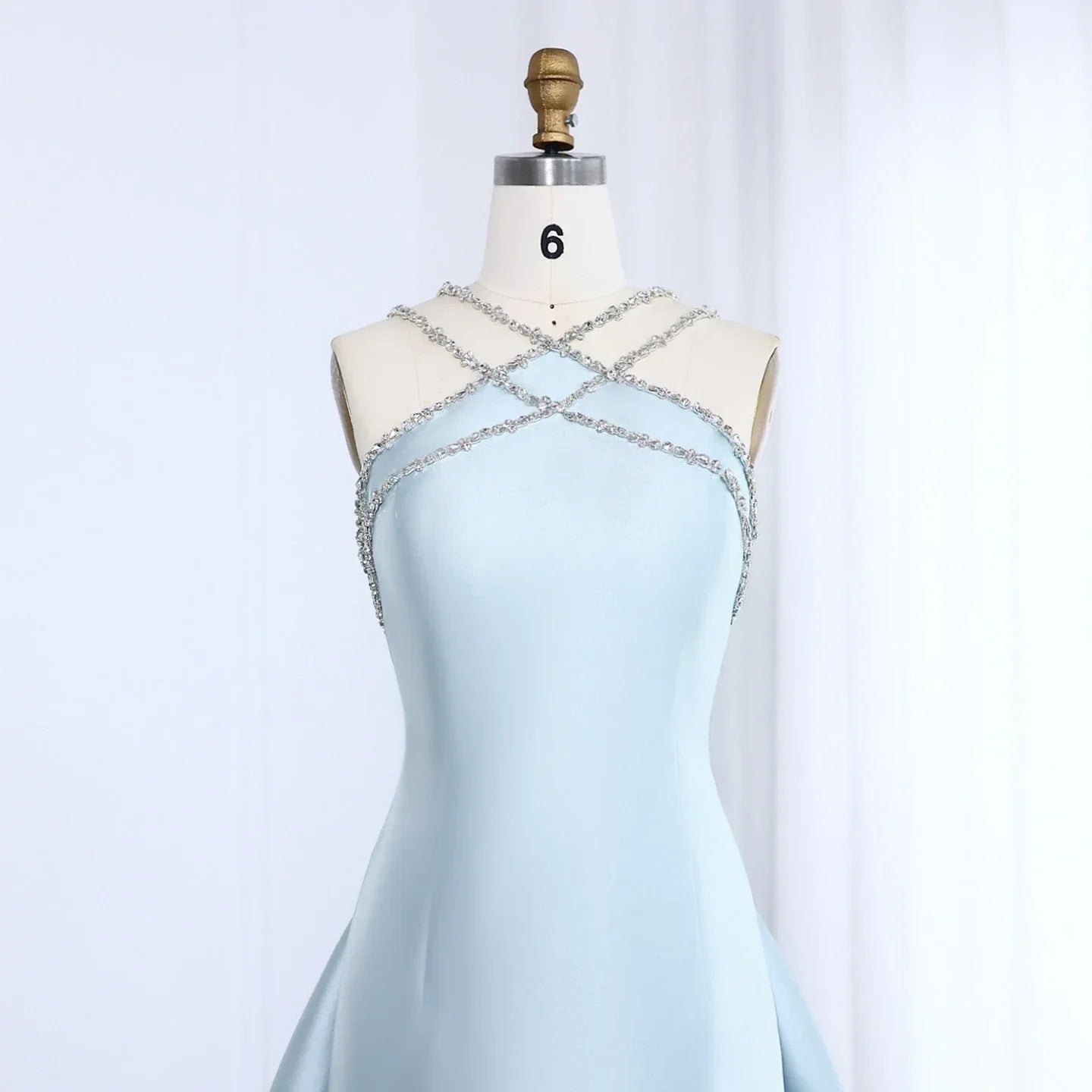 Light Blue Satin Overskirt Formal Party Gown