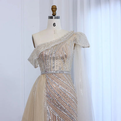 One-Shoulder Cape Sleeves Overskirt Party Gown