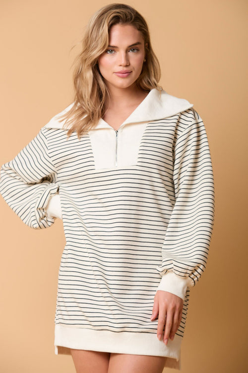 Long Sleeve Polo Collar Stripes Skirt Loose Casual