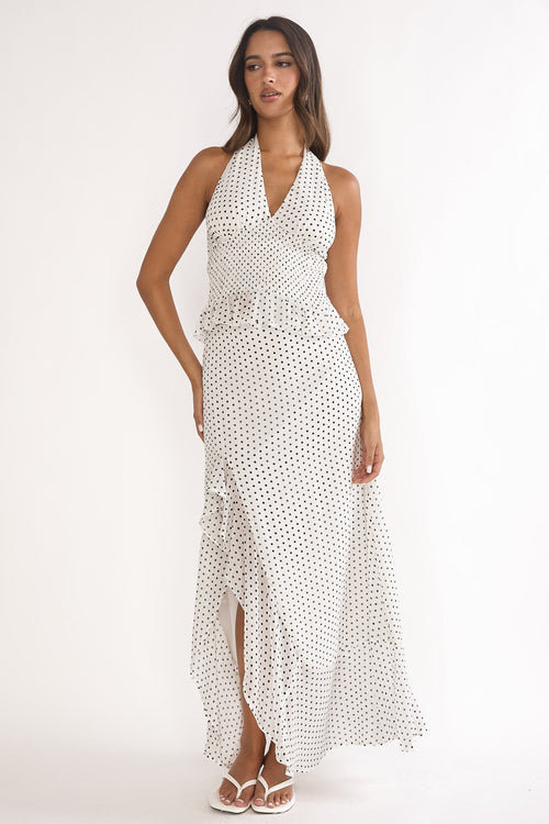 Caliah Ruffle Split Maxi Skirt Polka Dot Ivory