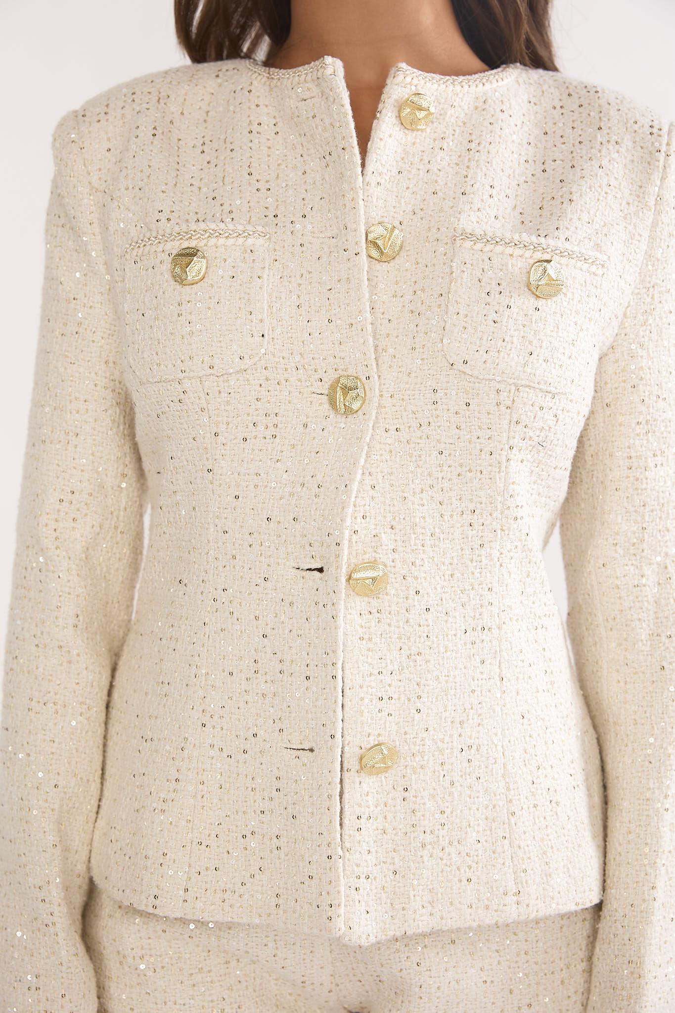 Kyomi Gold Button Tweed Jacket White Gold