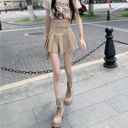 Belt Detail Pleated Mini Skirt