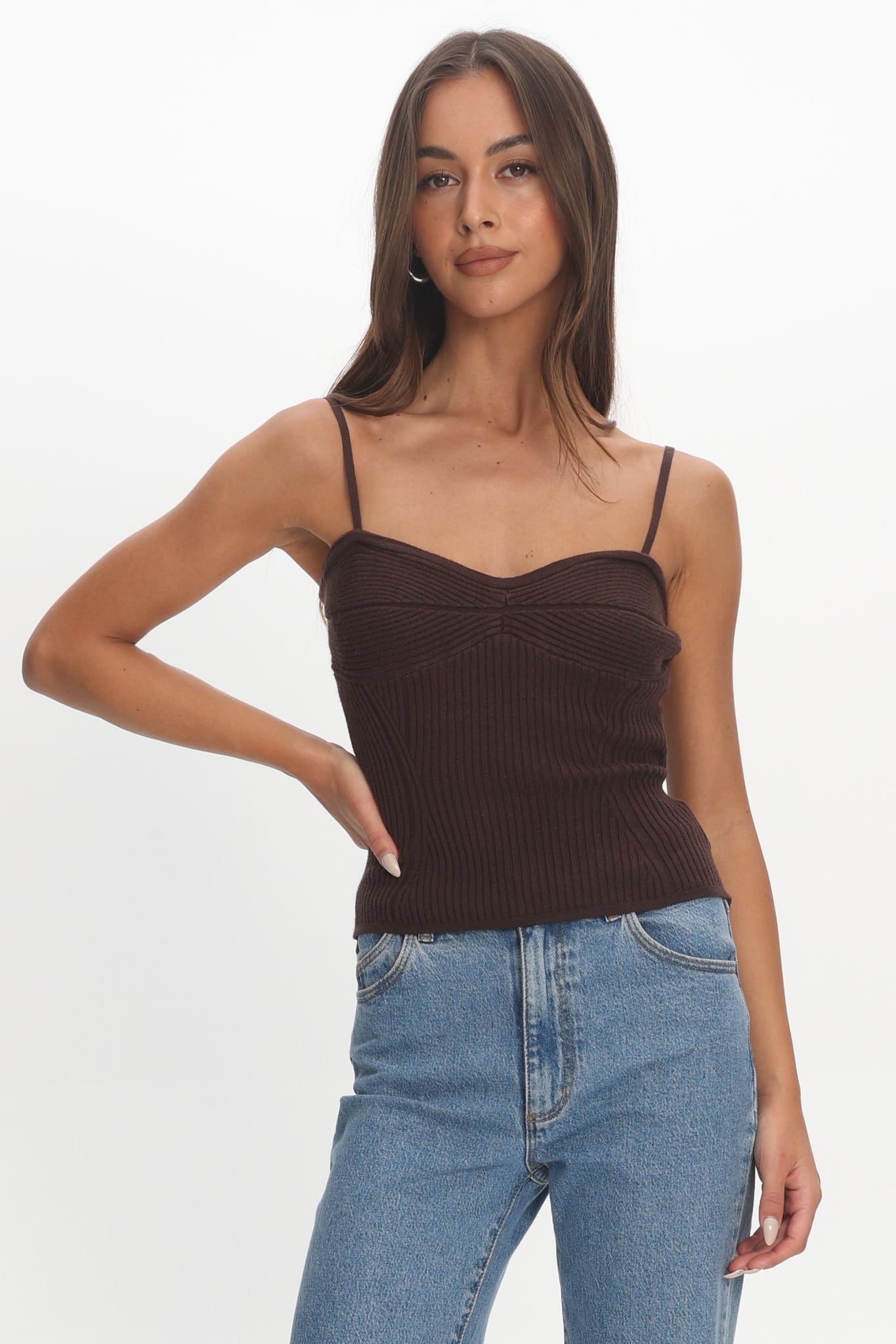 Prudence Ribbed Knit Cami Top Chocolate