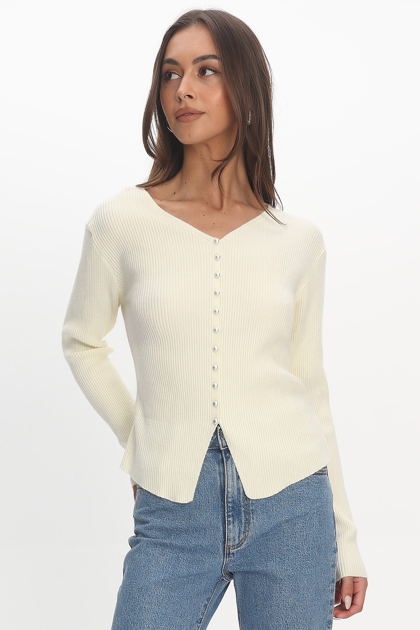 Louiz Button Front Ribbed Knit Cardigan Cream