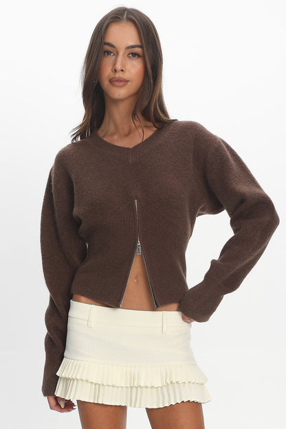 Karisa Zipper Hem Knit Top Mocha