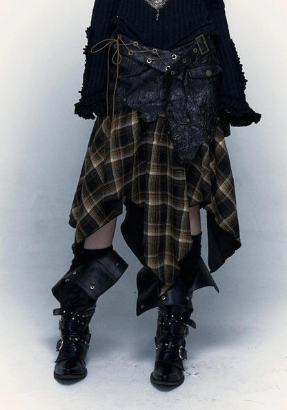 Grunge Faux Leather Plaid Midi Skirt