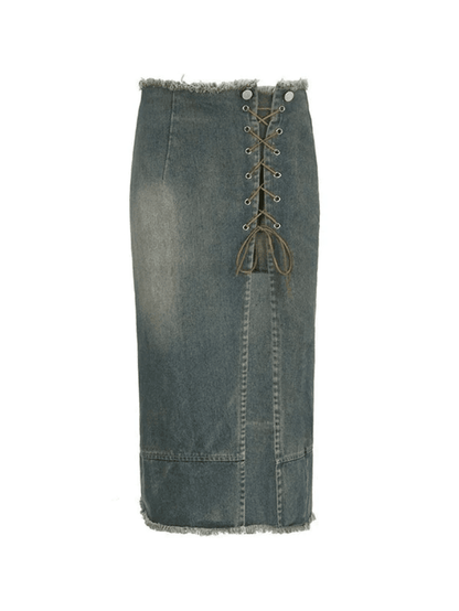 Patchwork Lace Up Slit Cargo Denim Skirt