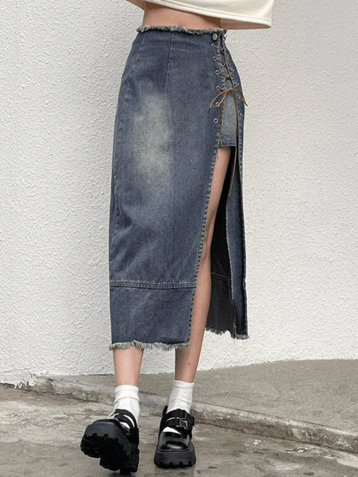 Ripped denim skirt with split front