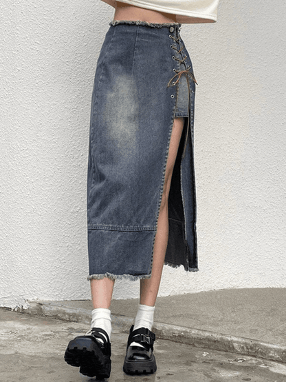 Ripped denim skirt with split front