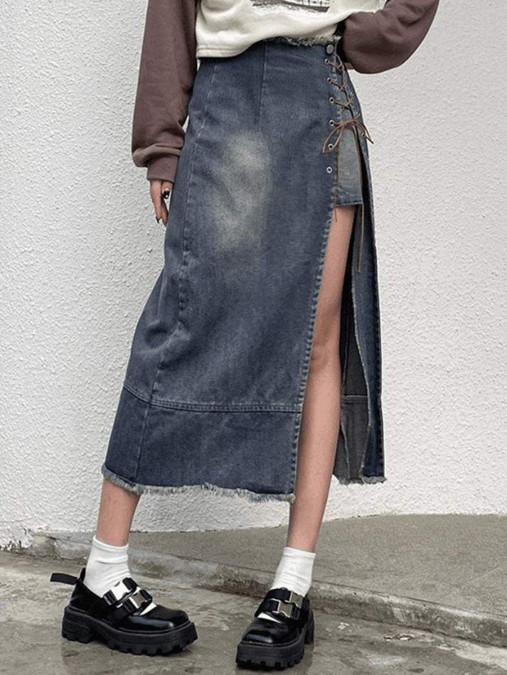 Ripped denim skirt with split front