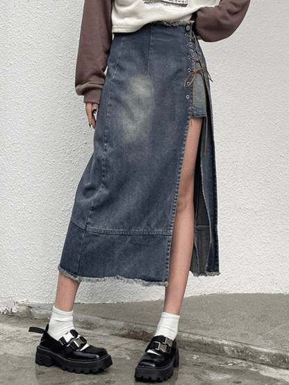 Ripped denim skirt with split front