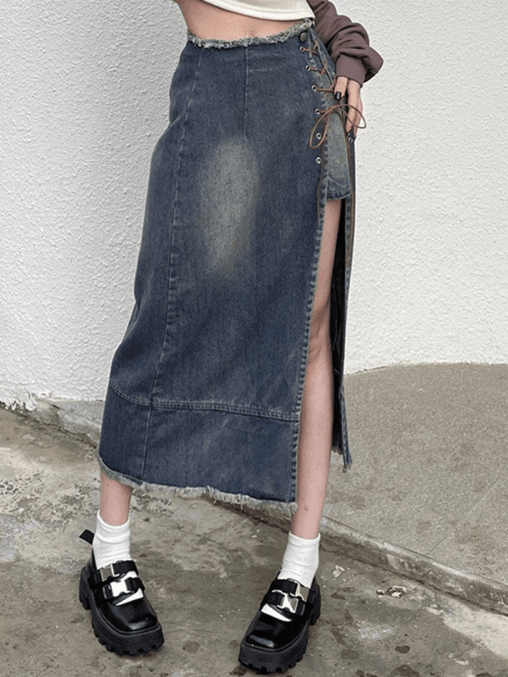 Ripped denim skirt with split front