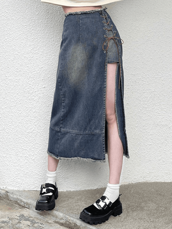 Ripped denim skirt with split front