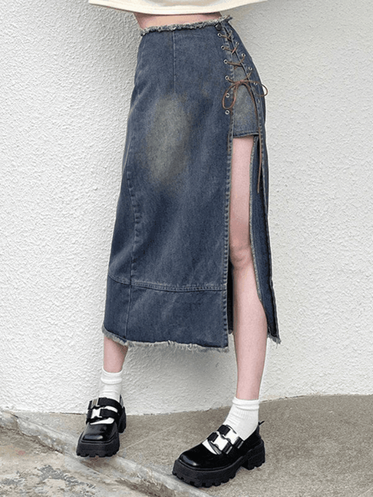 Ripped denim skirt with split front