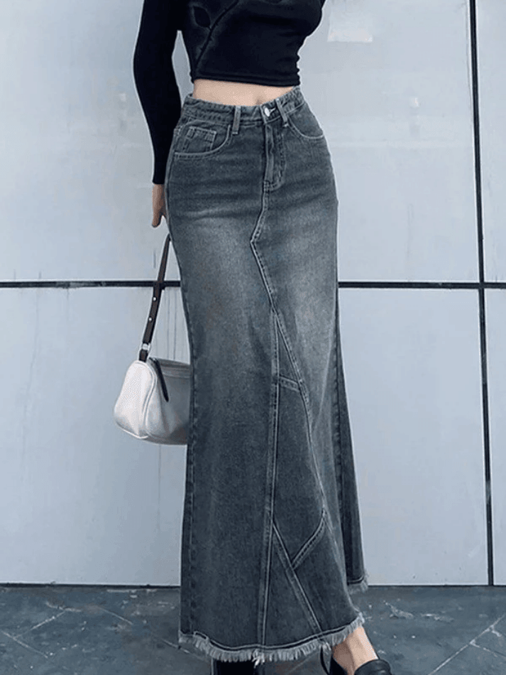 Long patchwork denim skirt with back slit
