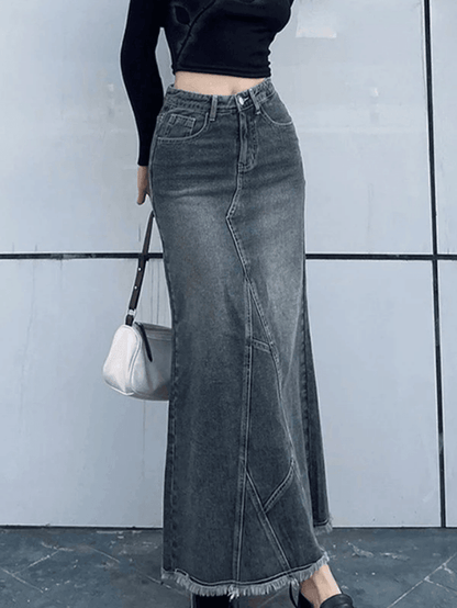 Long patchwork denim skirt with back slit