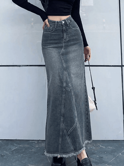 Long patchwork denim skirt with back slit