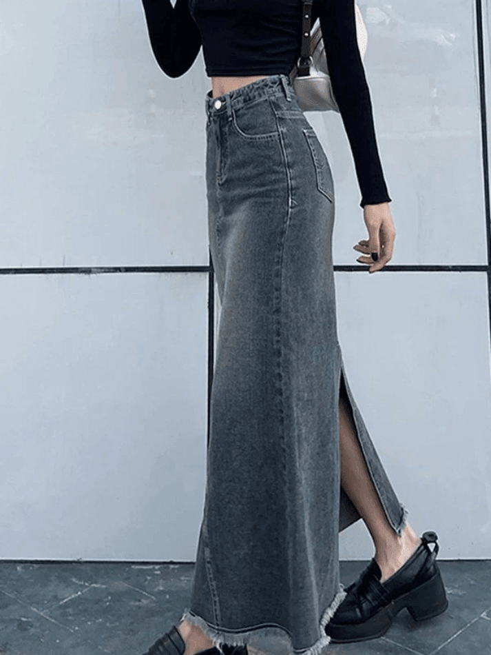 Long patchwork denim skirt with back slit