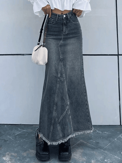 Long patchwork denim skirt with back slit