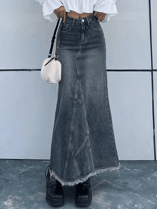Long patchwork denim skirt with back slit