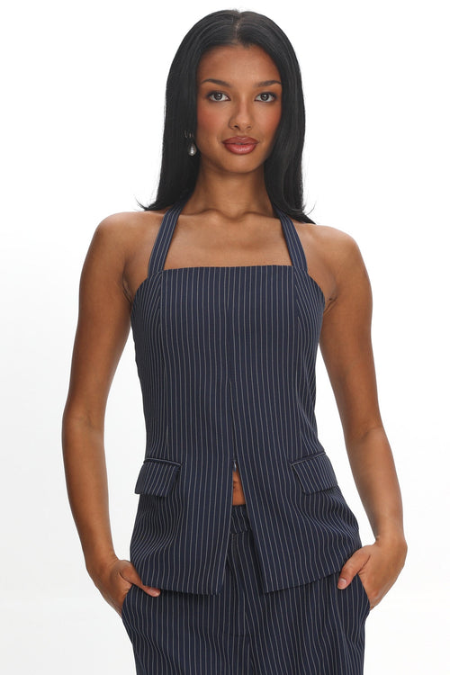 Renee Front Zip Halter Top Pinstripe Navy