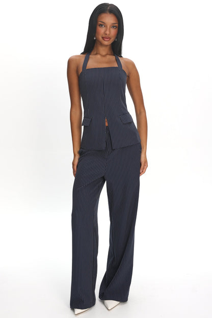 Renee Front Zip Halter Top Pinstripe Navy
