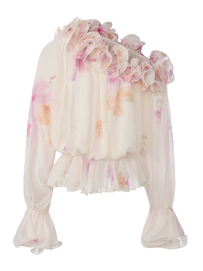 Summer Ruffle Floral Cream Blouse
