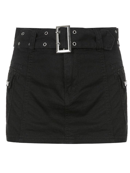 Low rise denim mini skirt with buckle belt