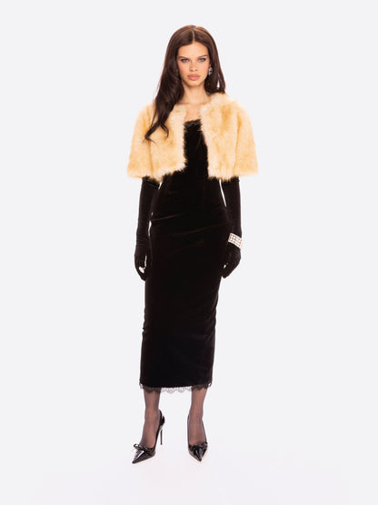 Thalia Cropped Faux Fur Jacket (Yellow)