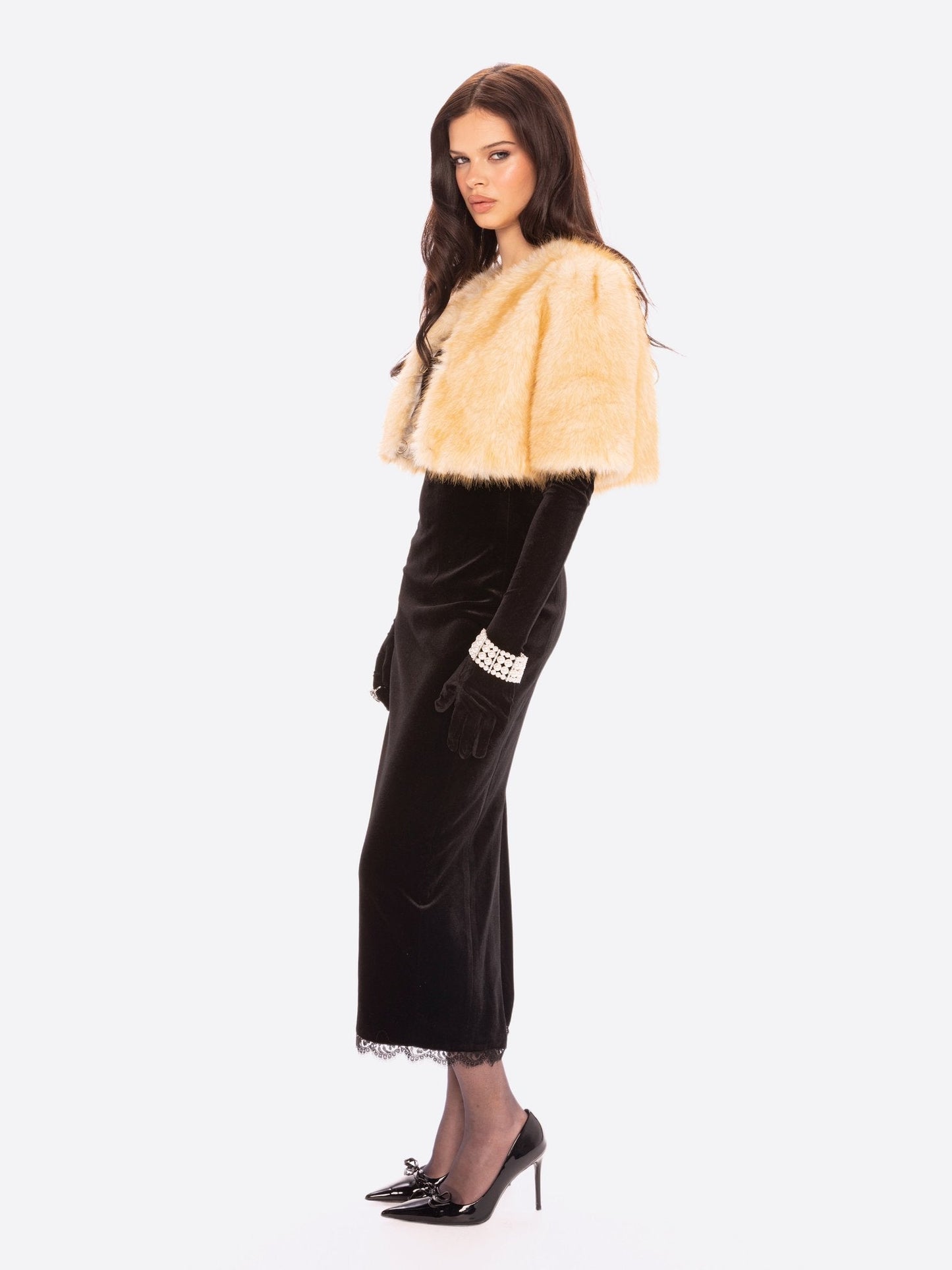 Thalia Cropped Faux Fur Jacket (Yellow)