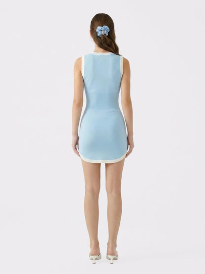 Wilhelmina Contrast-Trim Knit Light Blue Mini Dress